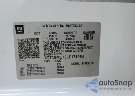 2020 GMC Sierra K2500 Sle z USA, uszkodzony, nr VIN 1GT19ME73LF171964